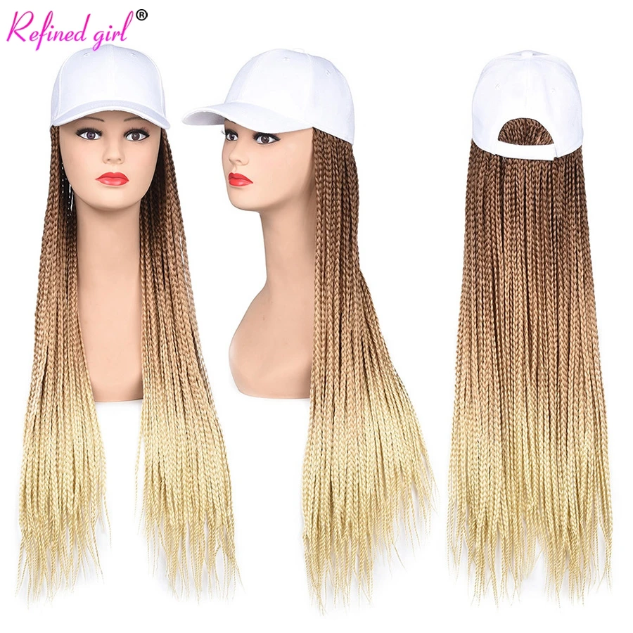 Baseball Cap Wig 24 inch long Ombre Blonde Braiding Hair with Hat Braided Box Braids Attached for Women Hat with Hair Extensions