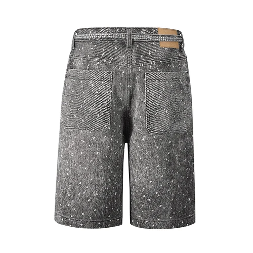 Imagen 2 del producto Pantalones cortos vaqueros holgados con cintas de diamantes de imitación estilo Ro para hombre, pantalones vaqueros holgados de cinco puntos con bolsillos, pierna ancha, azul y negro