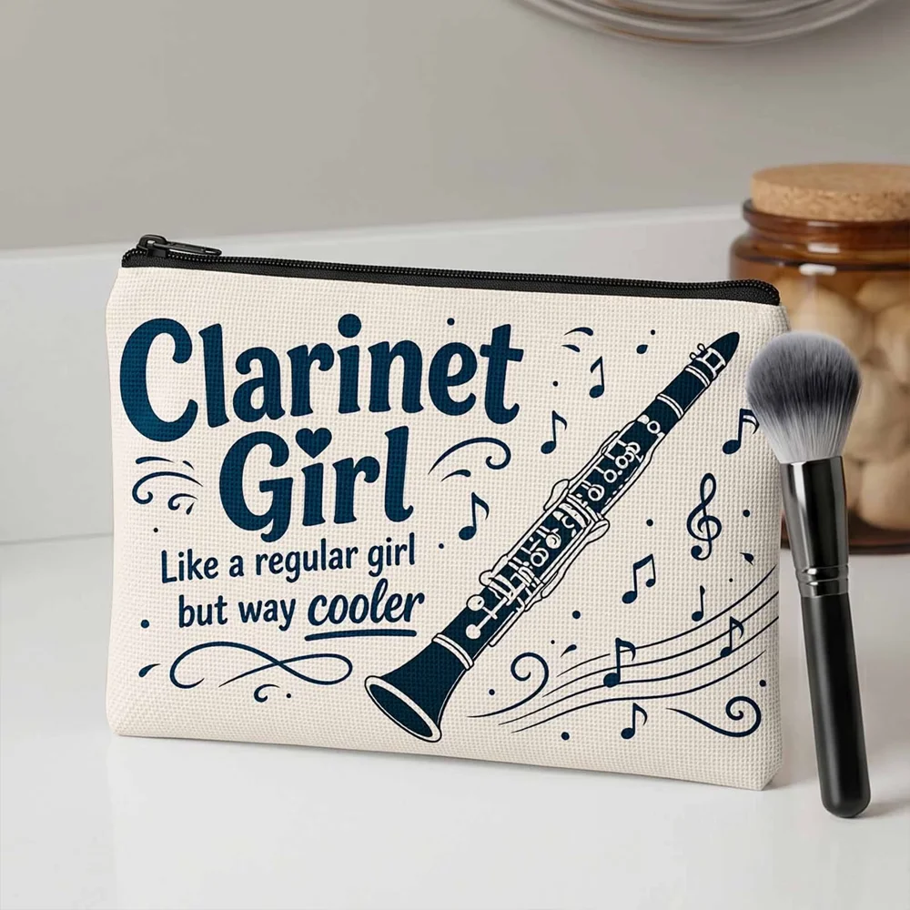 2D Print Clarinet Makeup Bag with Music Notes, Machine‑Washable Fabric Multi‑color Pouch, Gift for Clarinet Players for Daily &