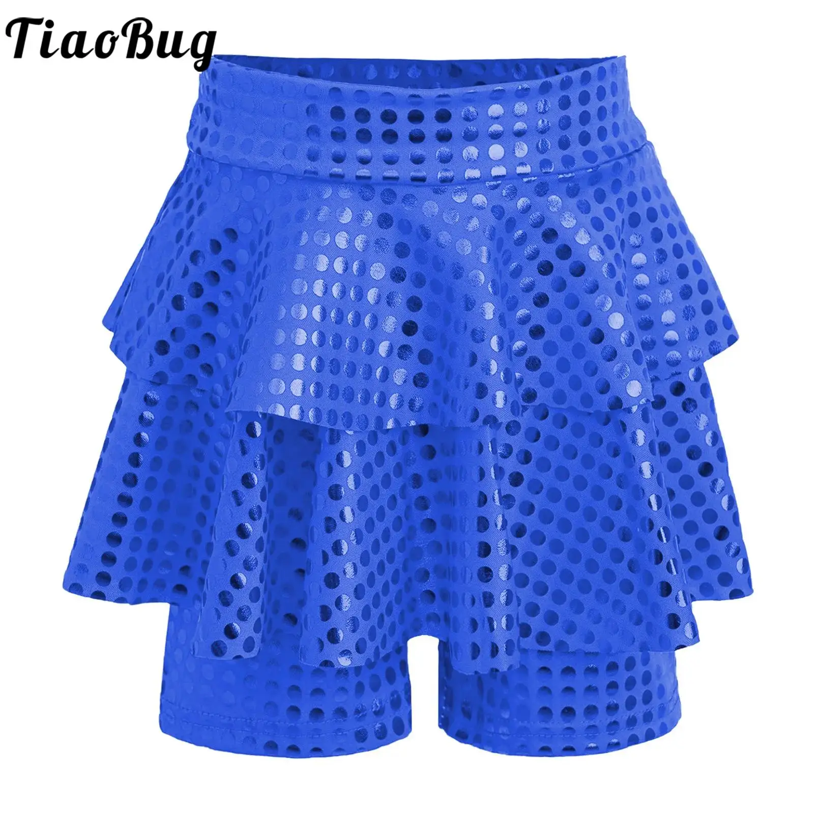

Kid Girls Metallic Shiny Athletic Skater Skirted Shorts Elastic Waistband Culotte for Hip Hop Jazz Dance Cheerleading Streetwear