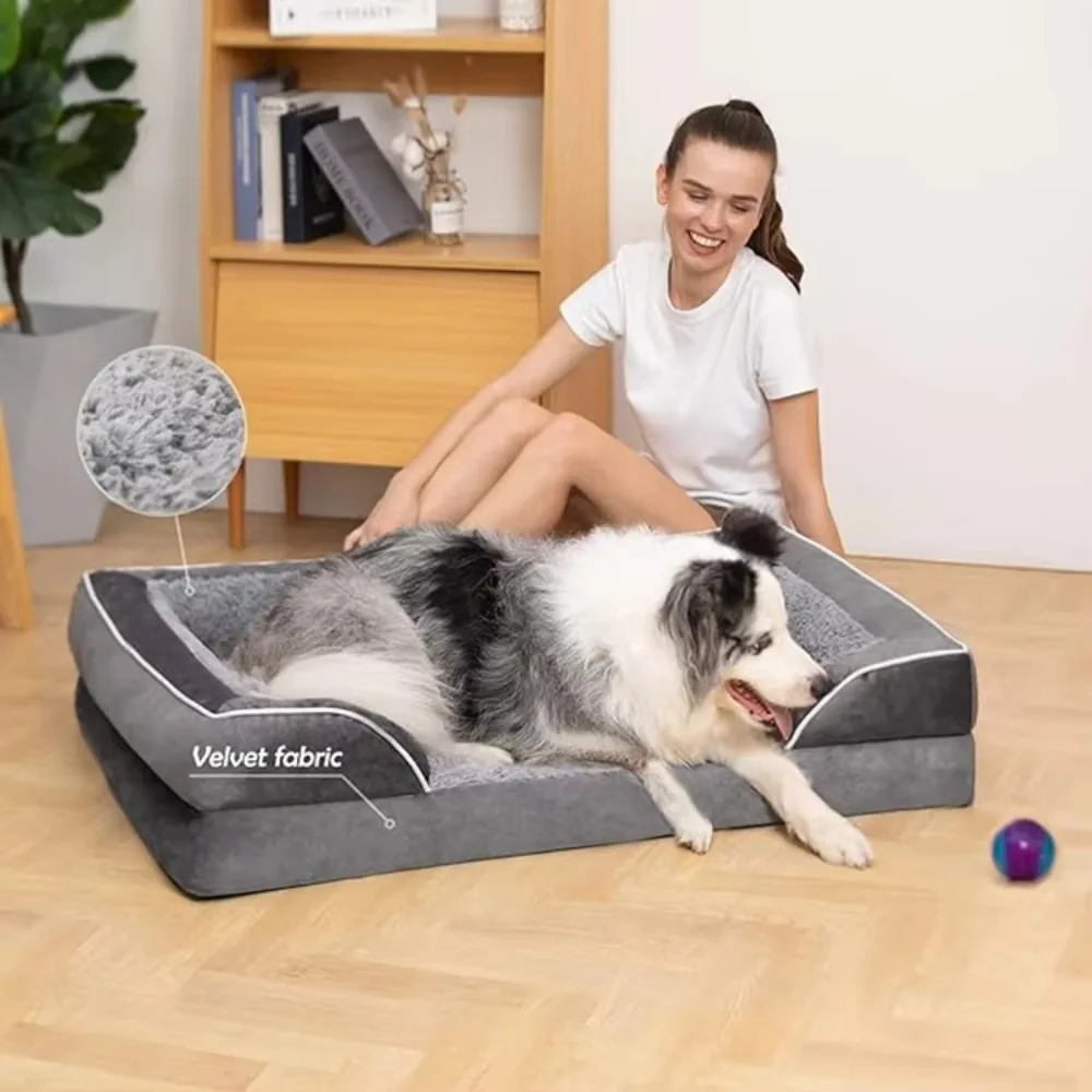 

Suppliers Custom Gray Velvet Rectangle Orthopedic Dog Bed Outdoor Travel Memory Foam 4 Sided Pillow Pet Bed for Medium Dog