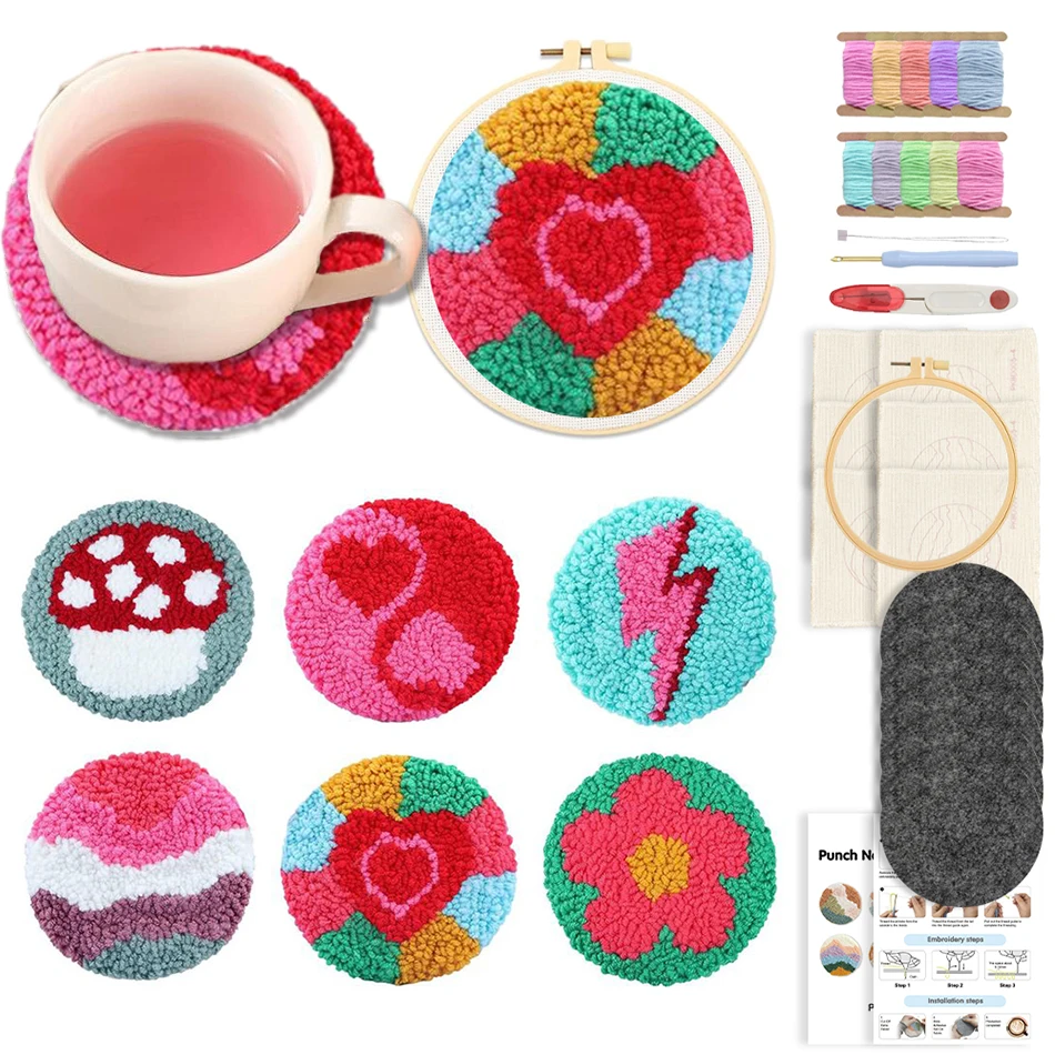 

SDOYUNO 6 Pcs Punch Needle Coasters Kit Needling Punching Embroidery Kit for Beginners Adults Diy Craft Supplies Art Gifts