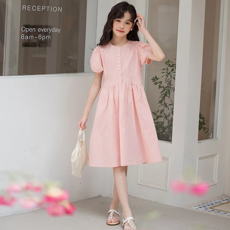 

Girls' Short Sleeved Dress 2026 Summer Pure Cotton French Sweet Princess Medium Size Slim Fit Dress for Children