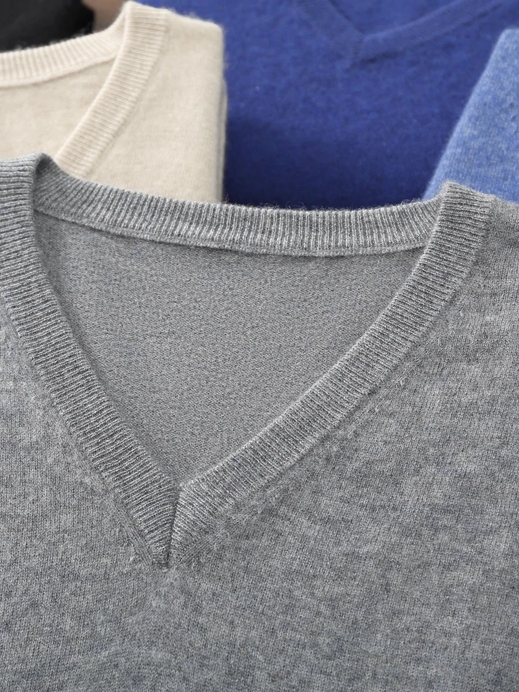

Autumn Winter Smart Casual V-Neck Sweater Men's 100% Cashmere Knitted Pullover Solid Color Basics Soft Warm Clothing Tops 2025
