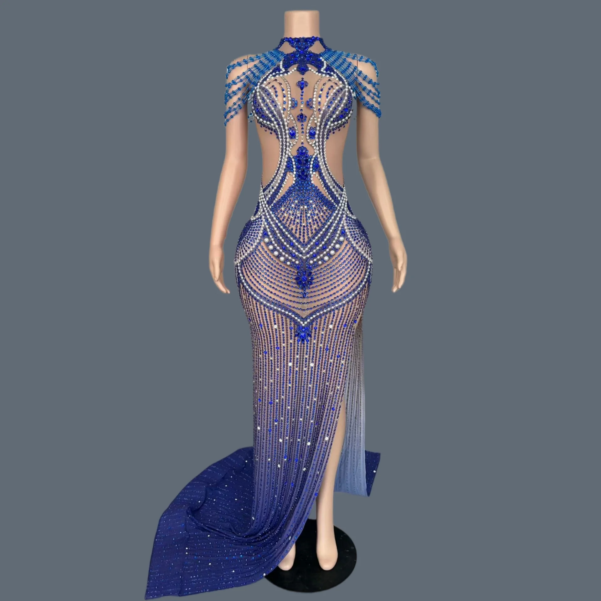 

Sparkly Blue Crystals Mesh Pearls Evening Gown Birthday Party High Side Slits Floor-length Dress Elegant Women Sexy Outfit Loula
