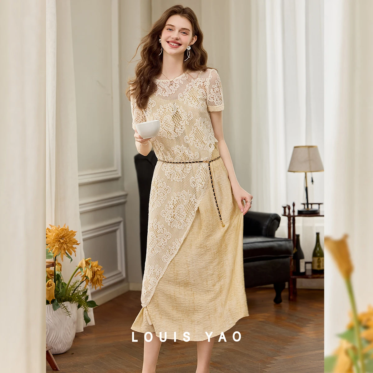 

LOUIS YAO Women Breathable 2 Piece Outfit 2026 Summer Linen Hollow Out Shrug + Elegant Maxi Cami Dress Set