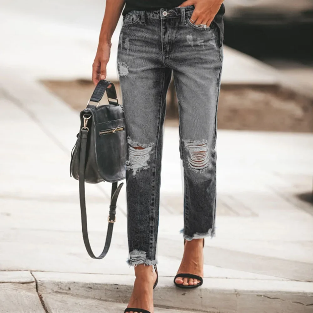 New Women's Mid Waist Ripped Jeans Fashion Casual Ankle-Length Denim Straight Leg Pants Gray/Blue Drop Shipping