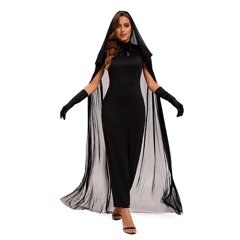 Fantasia de bruxa fantasmagórica com véu, capa para loween, bruxa, dança, baile, performance de palco, roupa étnica feminina