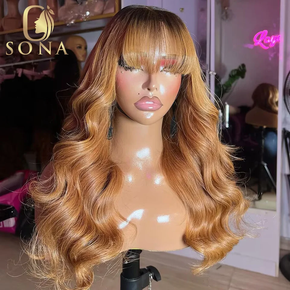 13x6 Honey Blonde Transparent Lace Frontal Body Wave Colored Burgundy 99j Red Human Hair Wigs With Bangs For Women Dark Roots 27