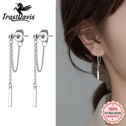 TrustDavis Real 925 Sterling Silver Geometric Linked Stick Chain Stud Earrings For Women Wedding Birthday Present Jewelry DS1434