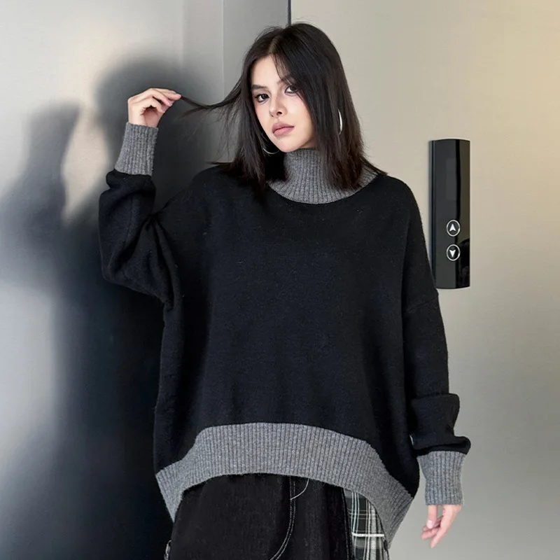 

SuperAen осенне-зимний новый лоскутный пуловер с воротником-стойкой, свитера, модный дизайн, топы оверсайз с длинными рукавами