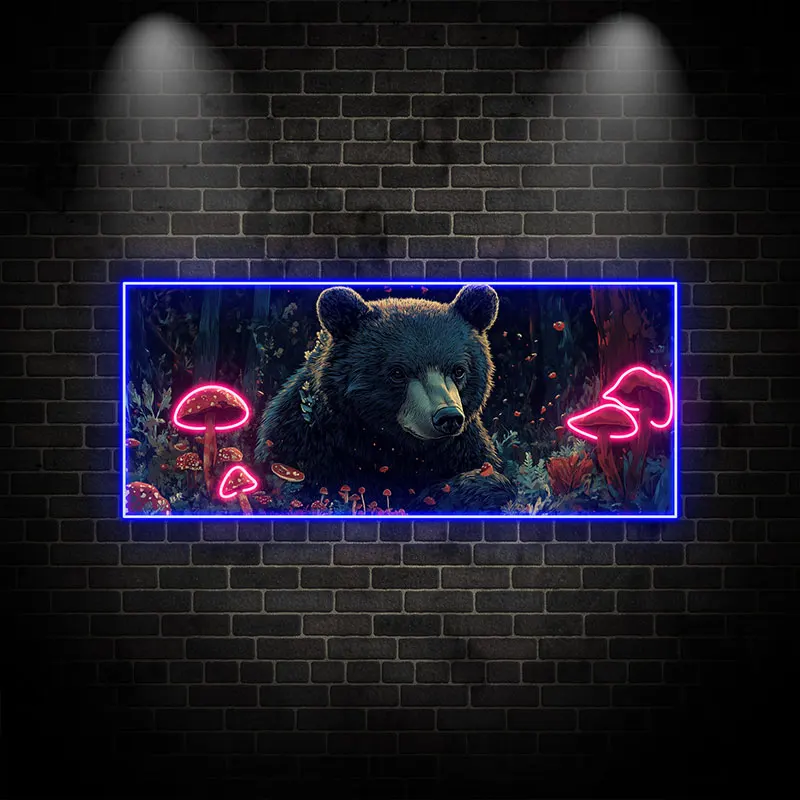 Toysign Enchanted Forest Bear Neon Wall Art – LED Sign with Glowing Mushrooms, Mystical Animal Decor for Bedroom, Lounge & Gift