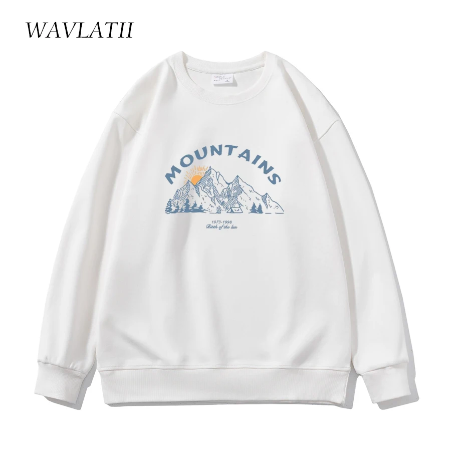 WAVLATII 2022 New Women Black Sporty Sweatshirts Female Dark Grey Casual Mountains Printed Hoodies White Oversized Tops WH2223