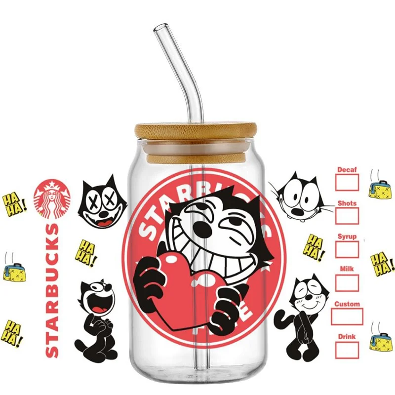 Miniso Popular Cartoon Character felix cat 16OZ UV DTF Cup Wrap Transfer Stickers Custom Label Durable Waterproof Logo