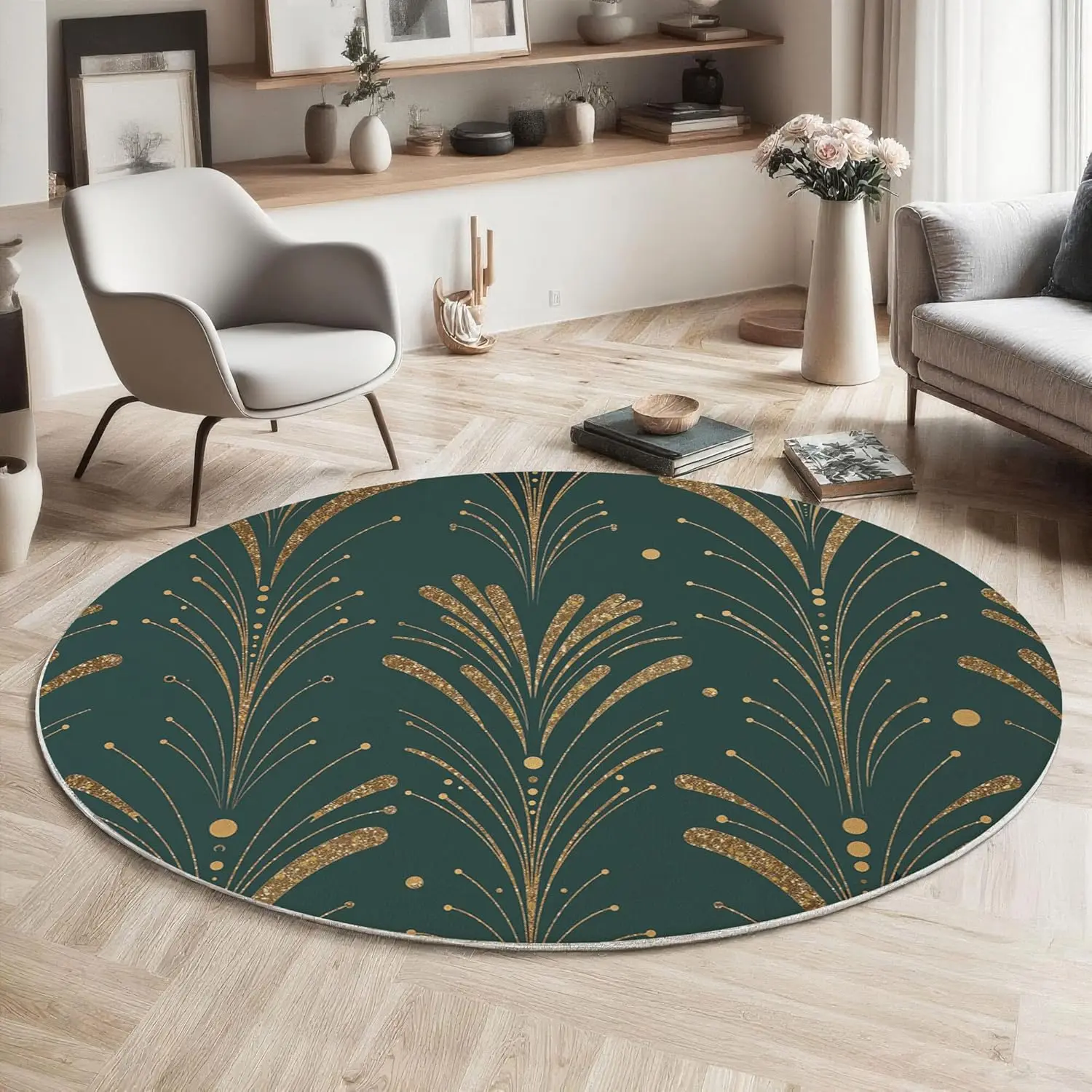 Emerald Green Art Deco Fan Round Rug Gold Glitter Details for Elegant Bedroom