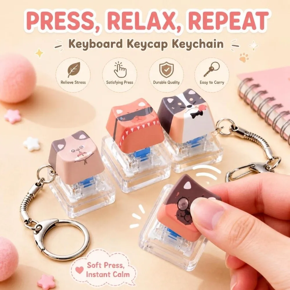 4 Keys Anti-stress Pendant Keyboard Mechanical Stress Relief Clicker Fidget Keycap Calming Keychain Keys Children Adults