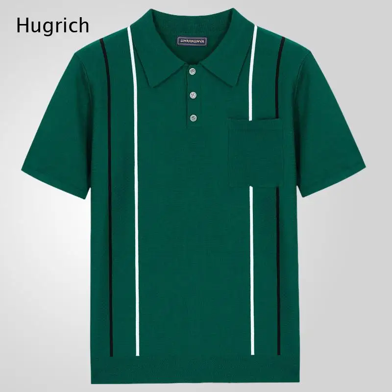 Breathable Knit Polo Shirt with Pocket, Vertical Stripe Detail Rib Trim, 3-Button Collar Short Sleeve Casual Smart Top for Men