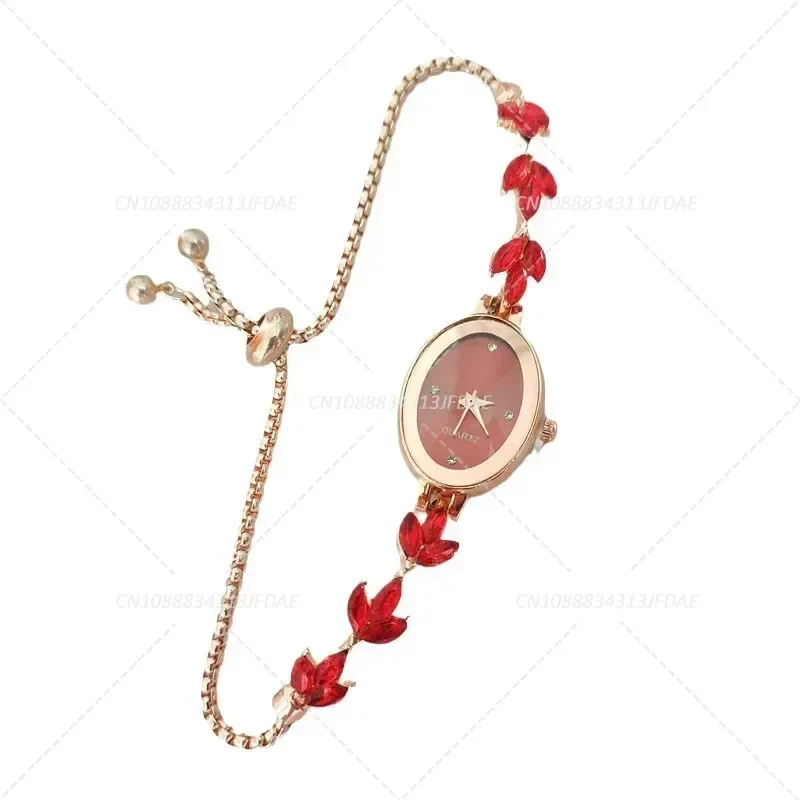 Elegant Women's Rhinestone Inlaid Clover Watch Oval Quartz Fashion Wristwatch Bracelet Clocks Reloj Mujer