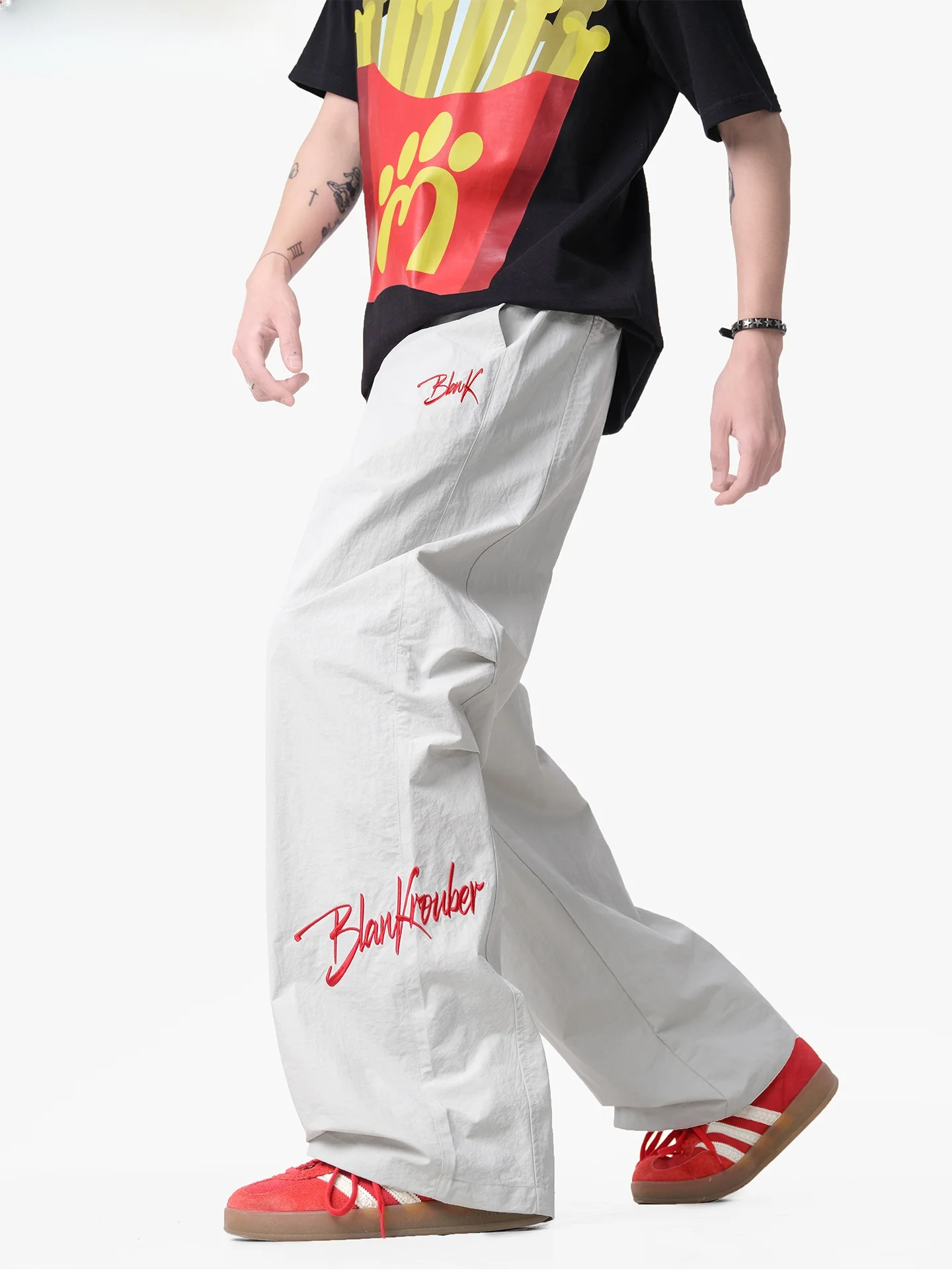 

WASSUP ERIKA ey Casual Pants Men Summer Qui Dry Wide Leg Spor Faionable Urban Sle Embroidered Loose Fit Straight Leg