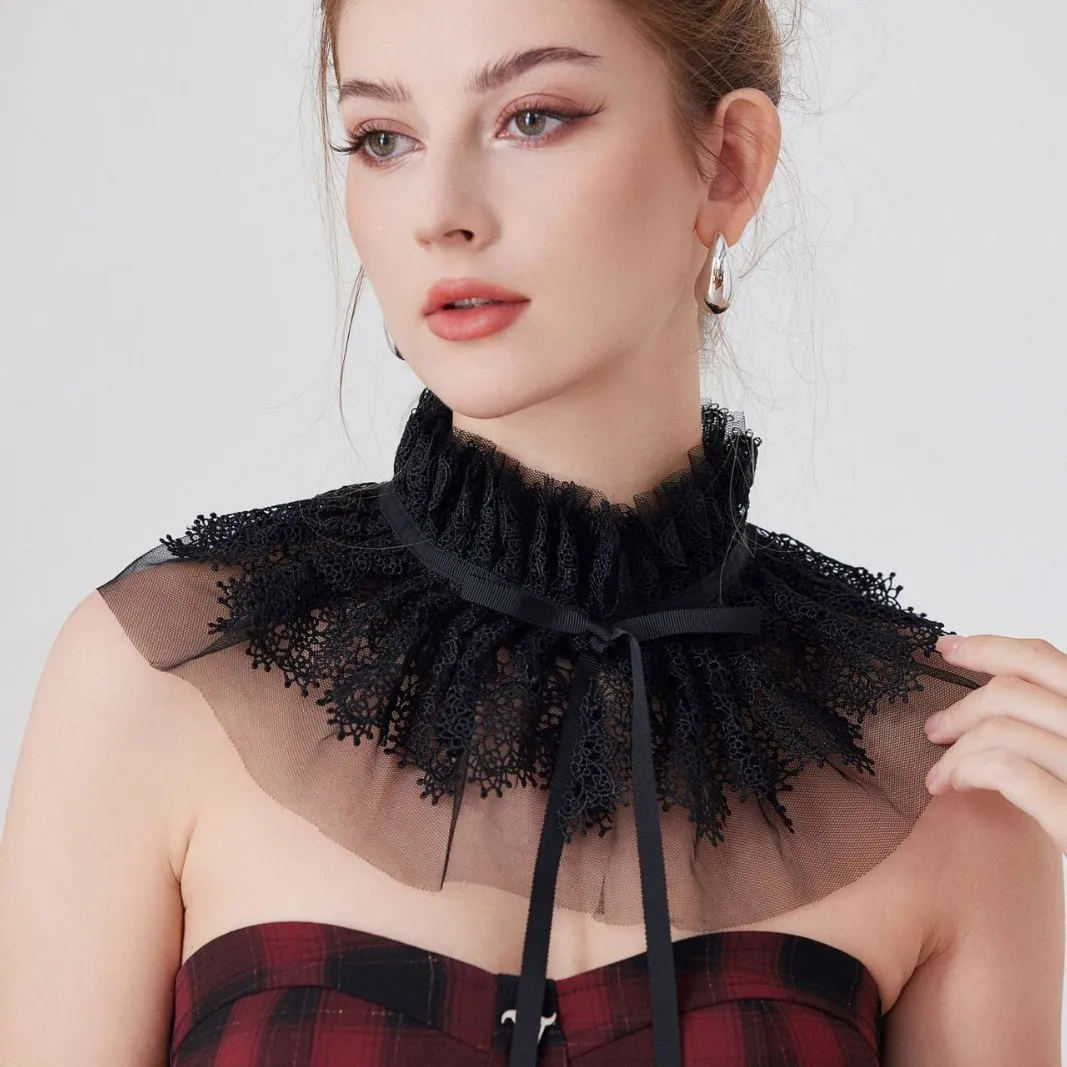 Vintage White/Black Lace Ruffled Shirt Detachable Collar Fake Sleeved Cuffs Set Womens Removable Neck Fake Collar Wrist Warmers