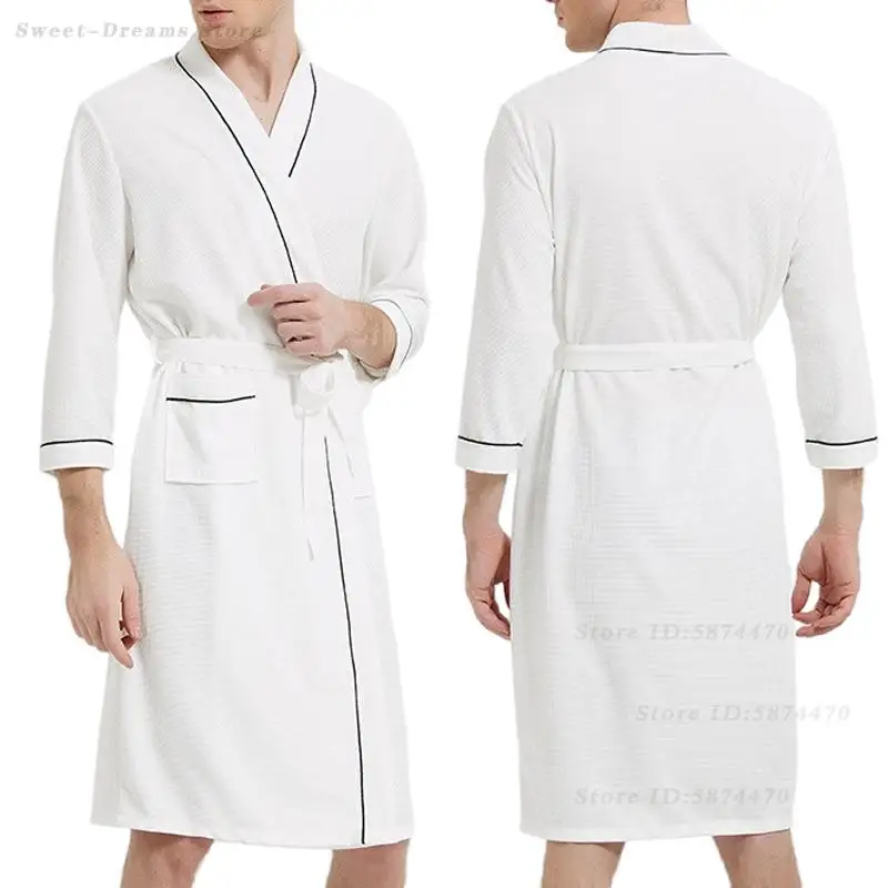 

Men's Plus Size Bath Robe Homewear Spring Summer Waffle Yukata Kimono Gown with Belt Loose Casual Sleepwear Male Night Wear