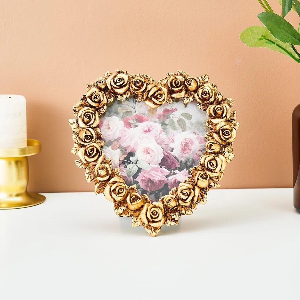 Elegant Heart Photo Frame with Gold Finish and 3D Floral Texture Designed for Table Mantel and Shelf Placement
