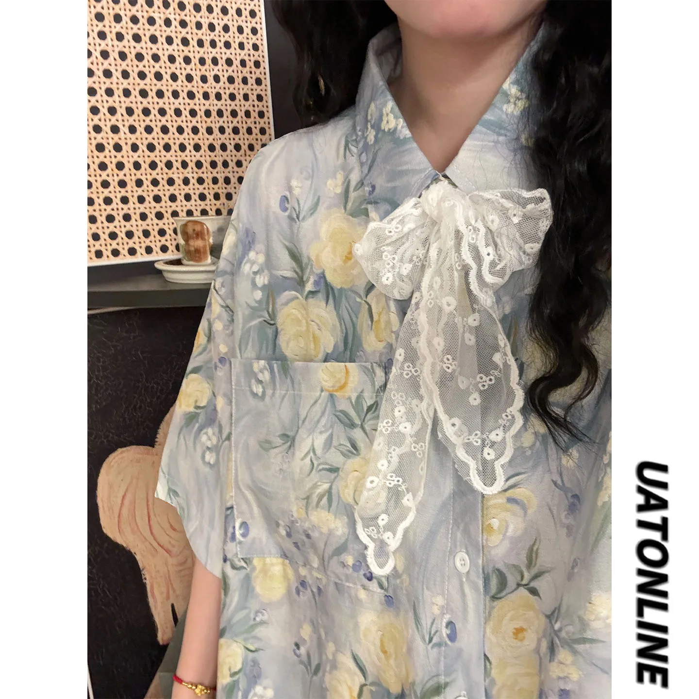 

UATONLINE2026 Summer American Retro Floral Print Short Sleeve Women's Shirt Trendy Versatile Street Style Loose Fit
