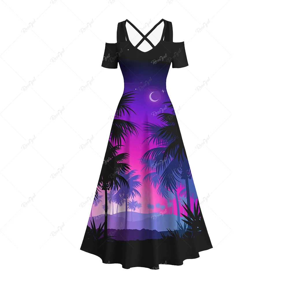 Plus Size Cold Shoulder Hawaii Dress vestidos платье женское летнее 2024 Coconut Tree Moon Star Ombre Printed Crisscross