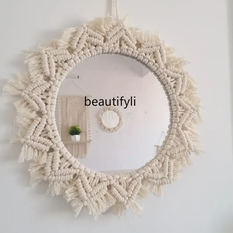 F185 Hand woven wall mirror pendant bed side bedroom wall hanging mirror hand woven tapestry mirror