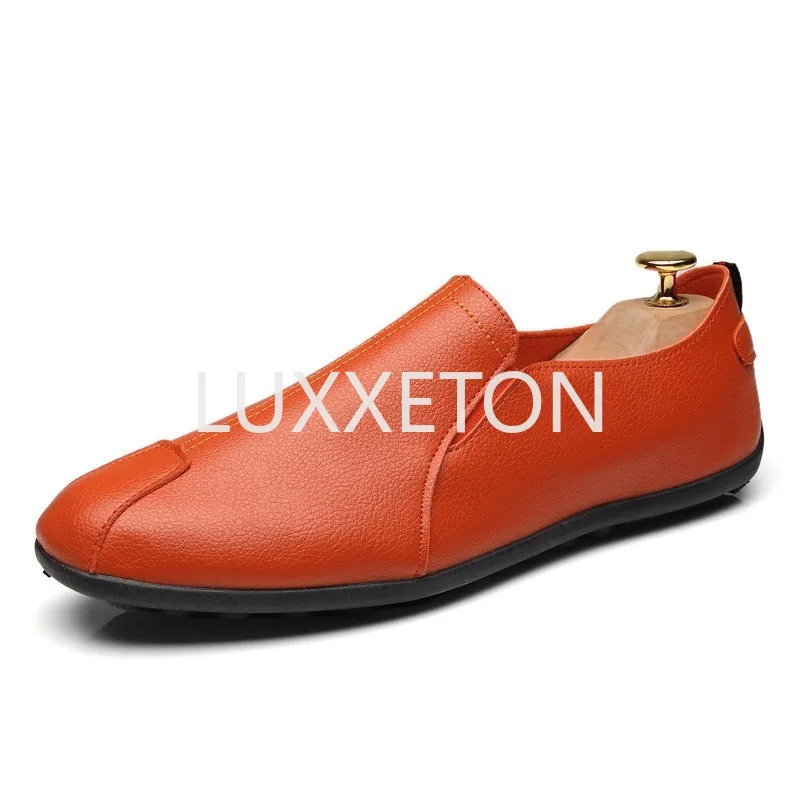 Men Leather Casual Shoes Spring New Fashion Leather Moccasin Comfortable Driving Orange Casual Leather Shoes Free Shipping