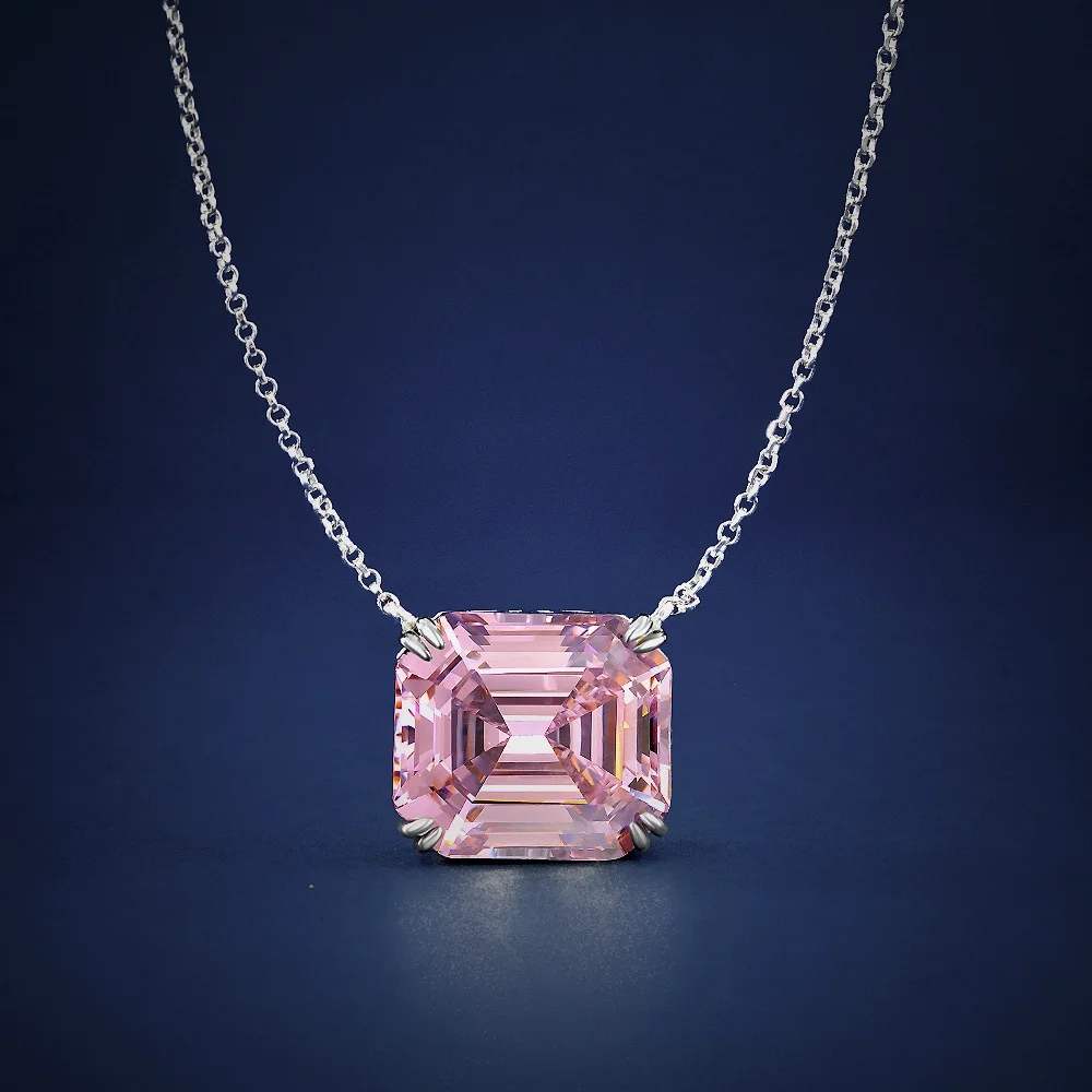 

New pink rectangular pagoda shaped 14 * 16 high carbon diamond necklace 925 silver wedding jewelry