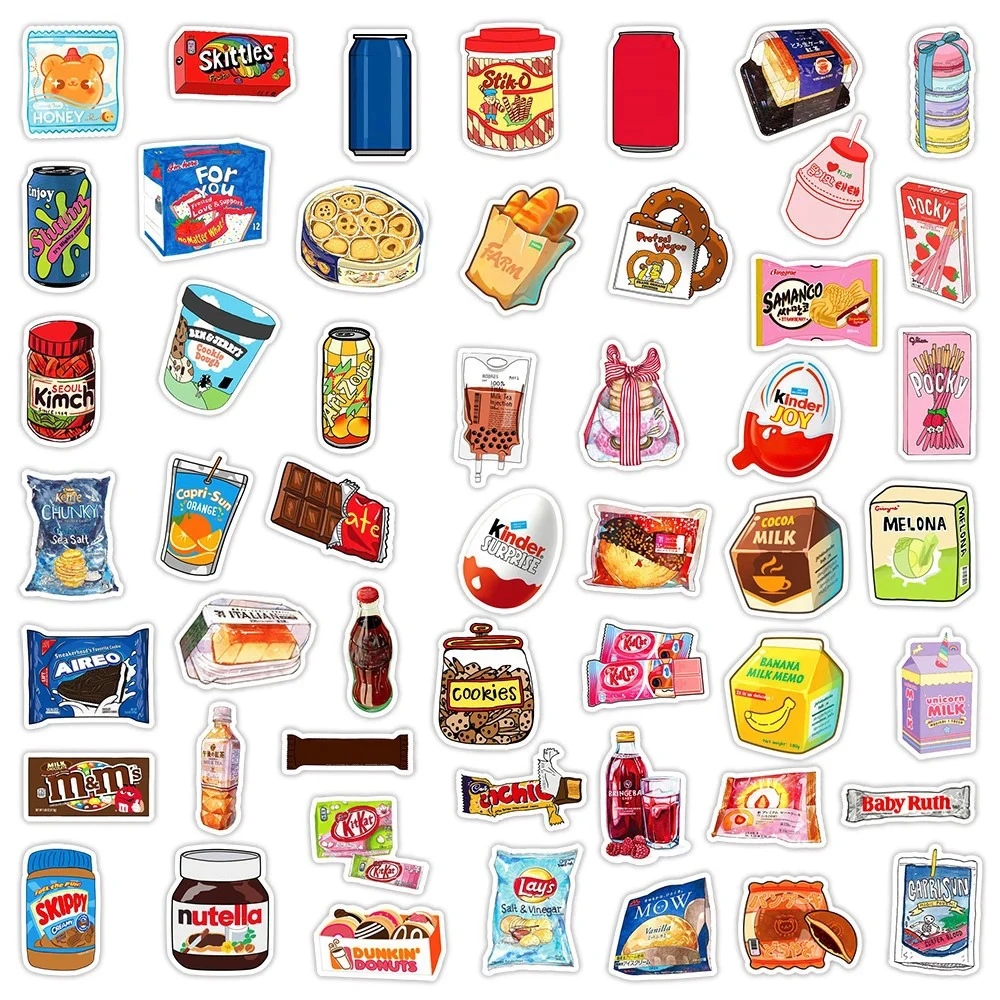 10/30/50pcs boisson lait Snack emballage alimentaire autocollants téléphone Scrapbook moto Cool voiture étanche dessin animé autocollant pour enfants jouet