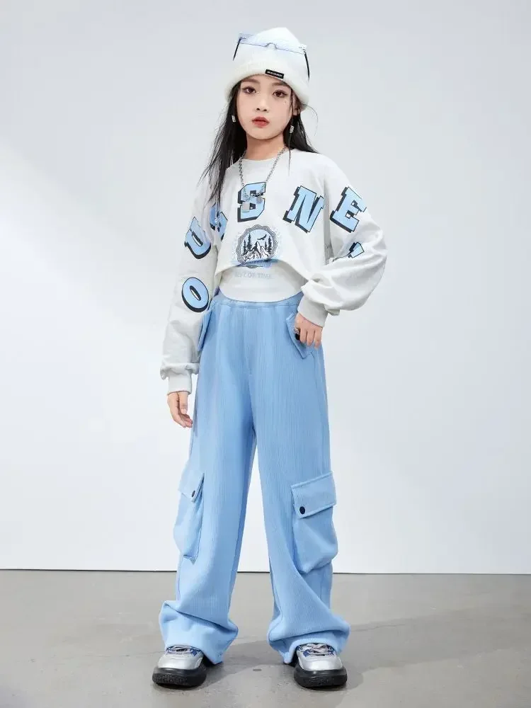 Kids Street Outfits Hip Hop Clothing Blue Sweatshirt White Crop Tank Top Casual Baggy Pants for Girl Jazz Dance Costume Clothes