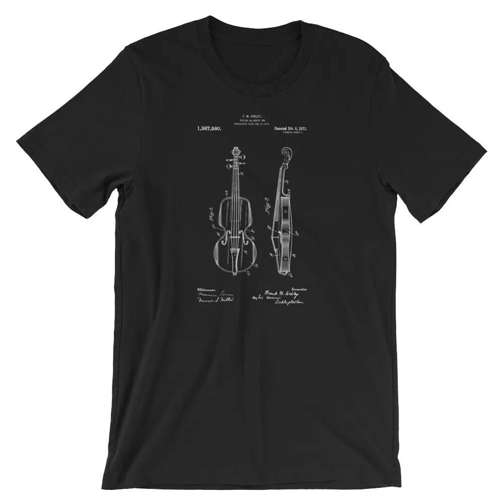 Violin Patent T Shirt Music Art Violinist On Black Red White or Gray Premium Cotton