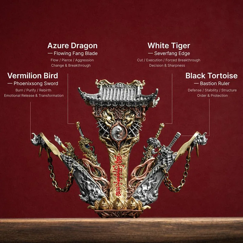 Hot Sale The Blade Vault For Four Can Be Opened Divine Beast Sword Display Case Tianji Gate Hand Finished Metal Desktop Ornament view 3
