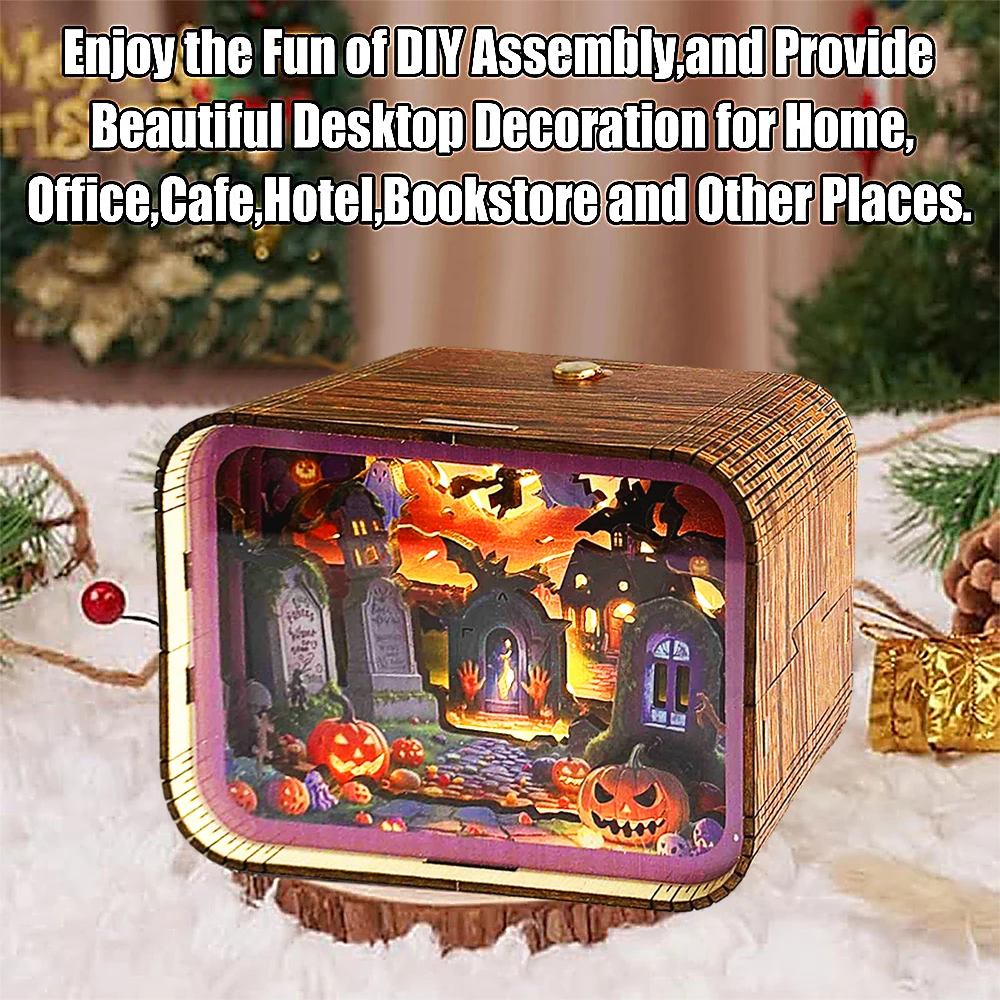 DIY Halloween 3D Wooden Book Nook Kit with LED Lights, Spooky Miniature Haunted House Model, Halloween Decor - Image 4