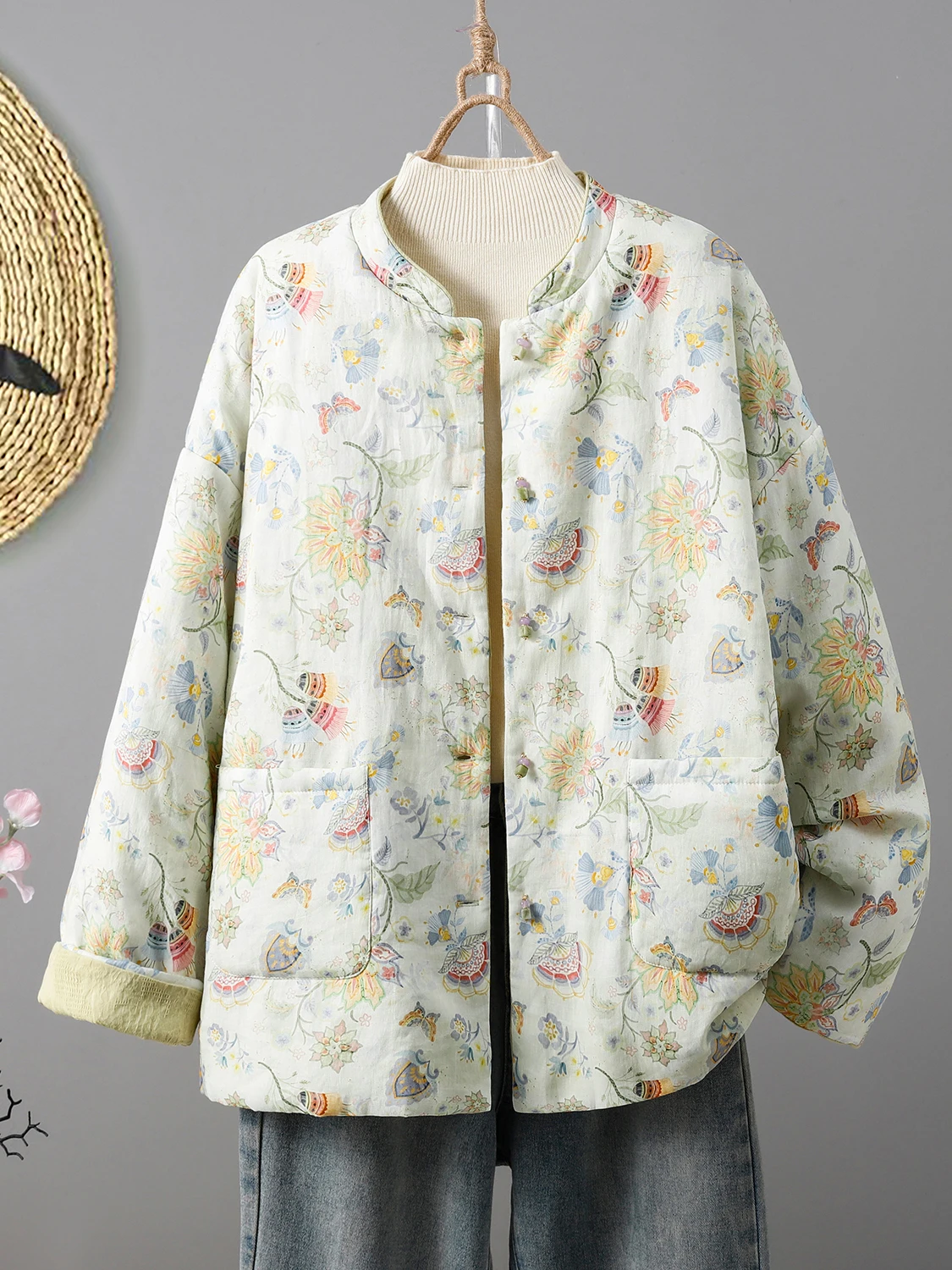 

Двусторонняя одежда в стиле ретро, китайский хлопковый тюре, женское зимнее хлопковое пальто с принтом Faion, воротник-стойка, длинное...