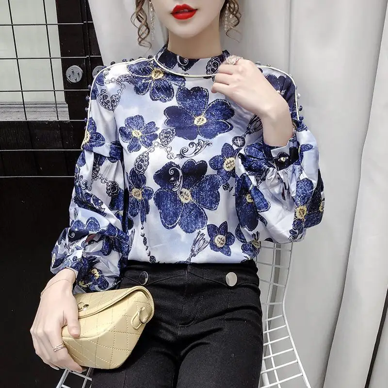 Korean Commute Spring Autumn New Blouses Women\'s Fashion Spliced Round Neck Printed Button Loose Lantern Sleeve Pullover Shirts