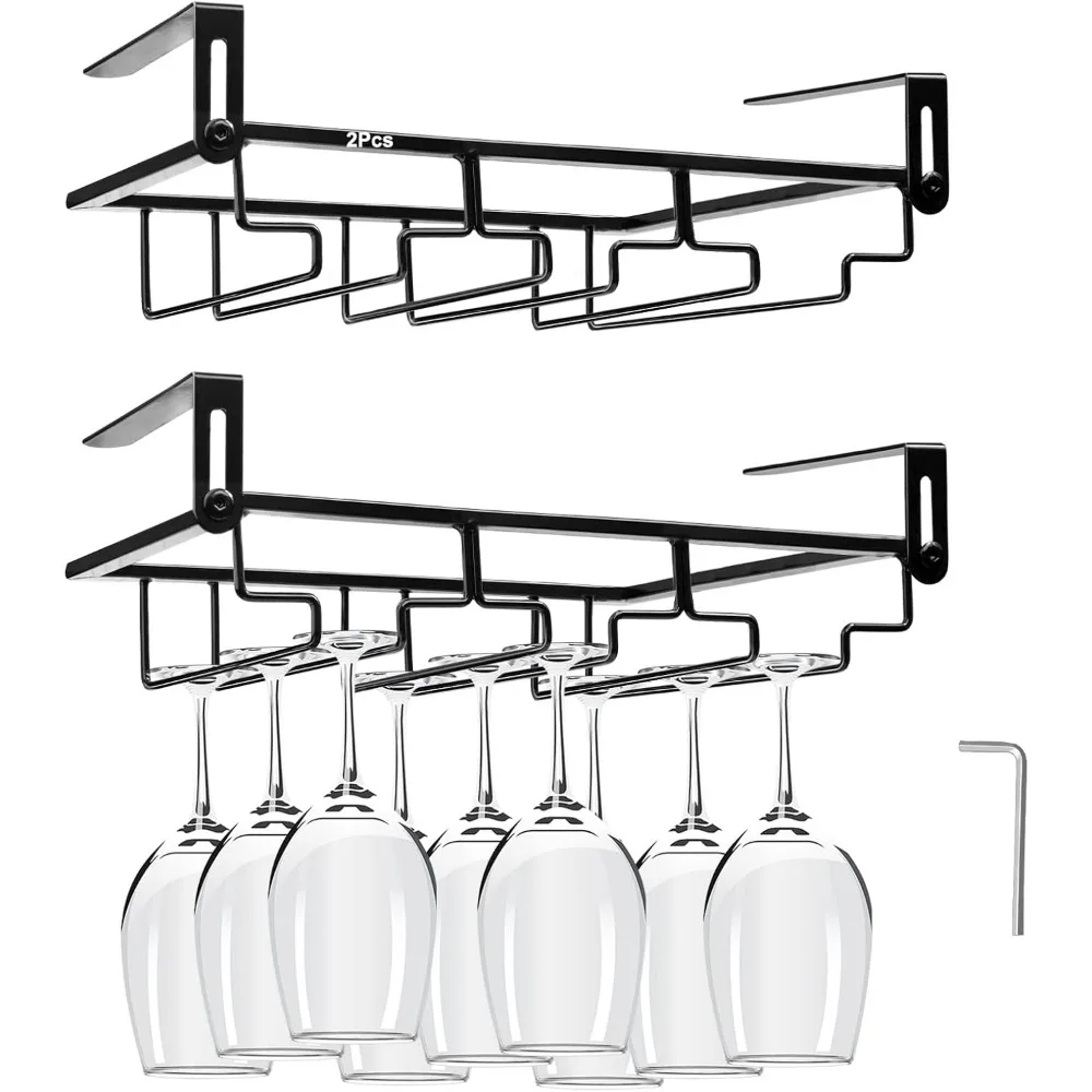 

Adjustable Under Cabinet Wine Glass Rack, 3-Row Stemware Holder for Kitchen Bar Storage (Black)