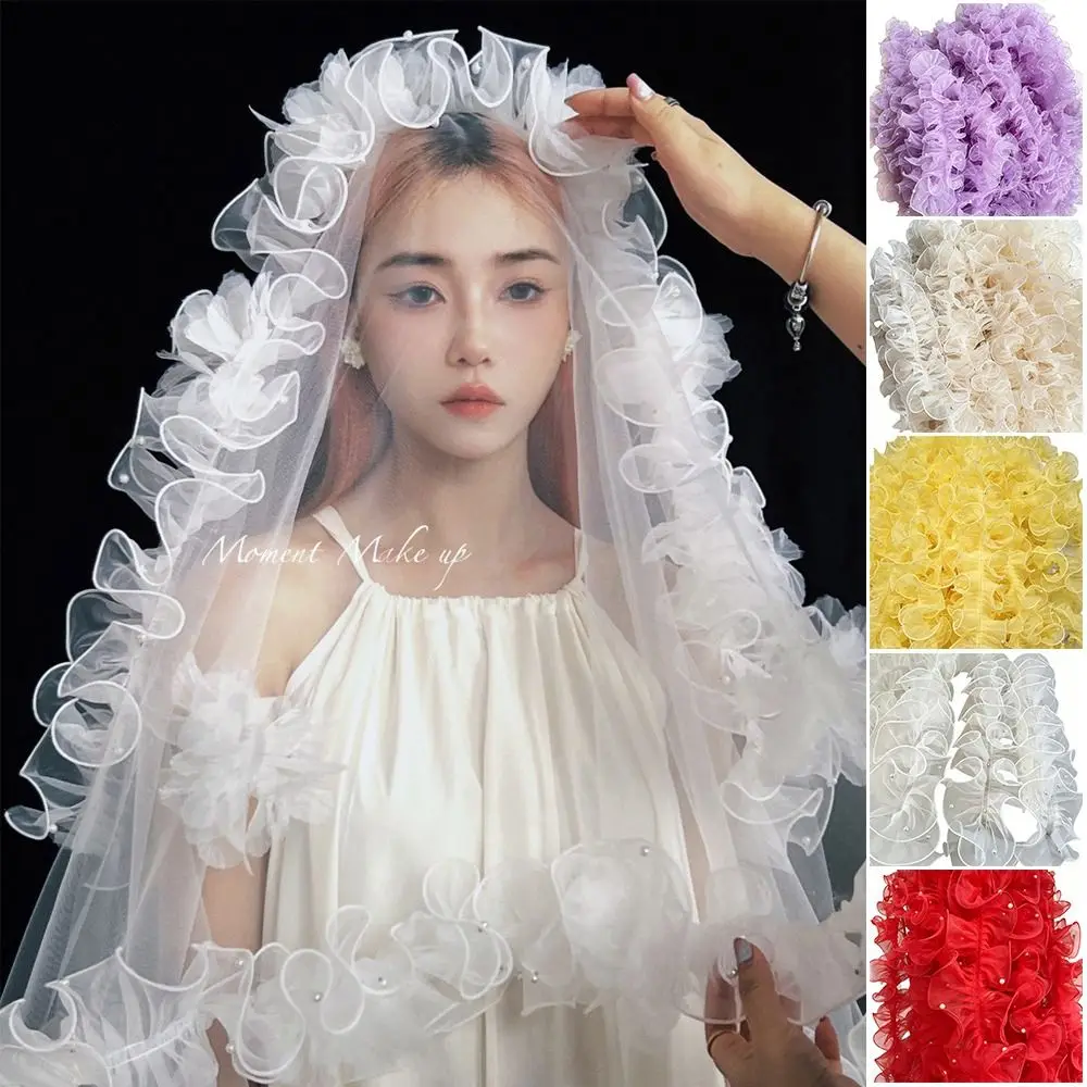 11cm Wide Organza Beaded Ribbon Wave Ruffle Edge Flower Lace Pleated Lace Trim Pearl Fabric Edge 1 Yard Beaded Mirror Welt