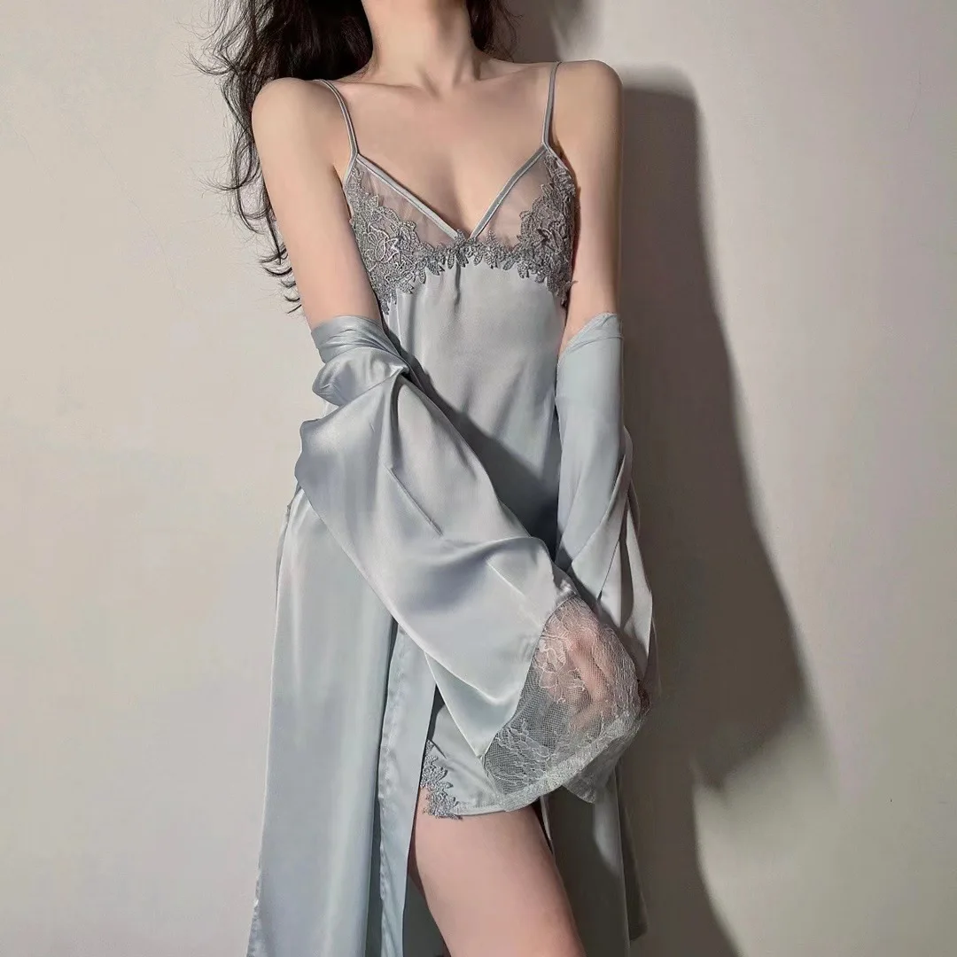 

Women's Clothing Kimono Robe Gown Sets Sexy Nightdress Summer Lace Trim Bathrobe Sleepshirt M-XL Pyjamas Suit Sleepwear Homewear