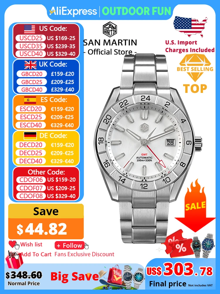 

San Martin 42 мм швабра циферблат мужские роскошные часы деловые деловые часы NH34 GMT автоматические механические сапфировые светящиеся 10 бар SN0130