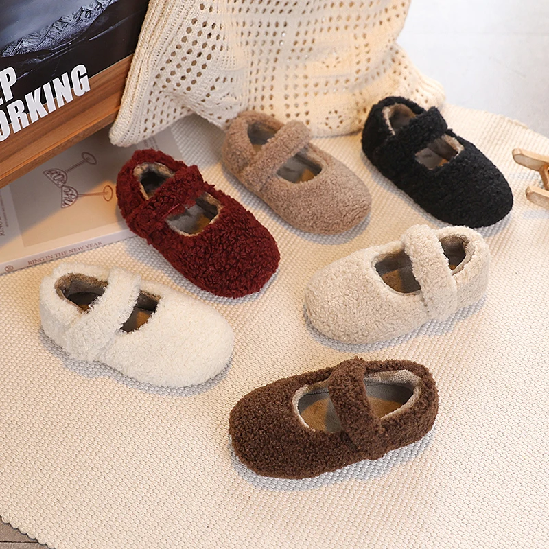 Winter Girl's Flat Shoes Warm Plush Pure Color Leisure Children Cotton Shoes Hoop-loop Shallow Light Kids Mary Janes 21-36