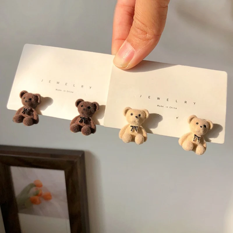 1pair Drop Earrings Minar bear Pluffy Plush Cartoon Bear Earrings For Women Girl Beige Brown Color Hairy Animal Winter Jewelry