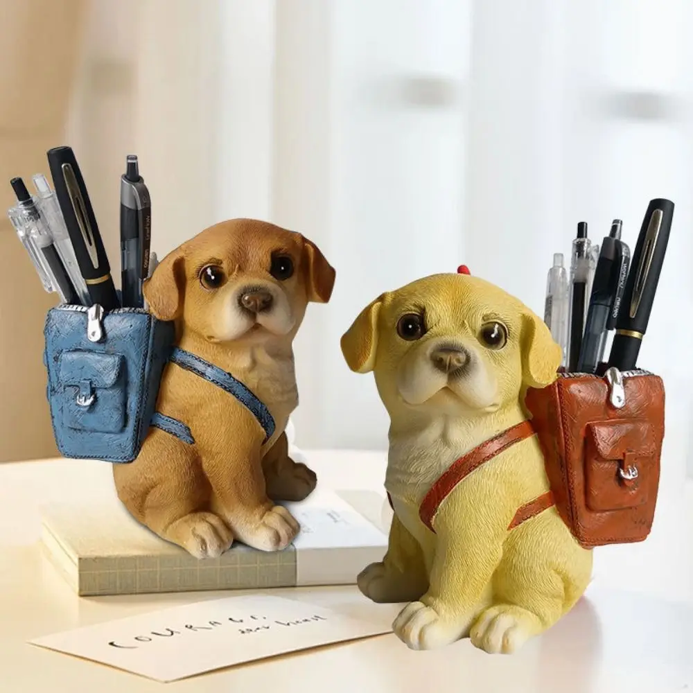 Funny With Backpack Dog Pen Holder Cute Cartoon Lucky Dog Ornaments Hand-painted Desktop Storage Rack Office