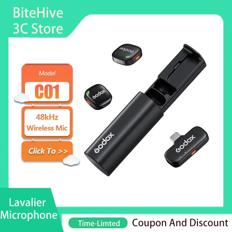 Microphone Lavalier Sans Fil GODOX C01 115dB Type-C 48KHz 24bit avec Portée de 200ft pour Vlogging et Communication sur Smartphone