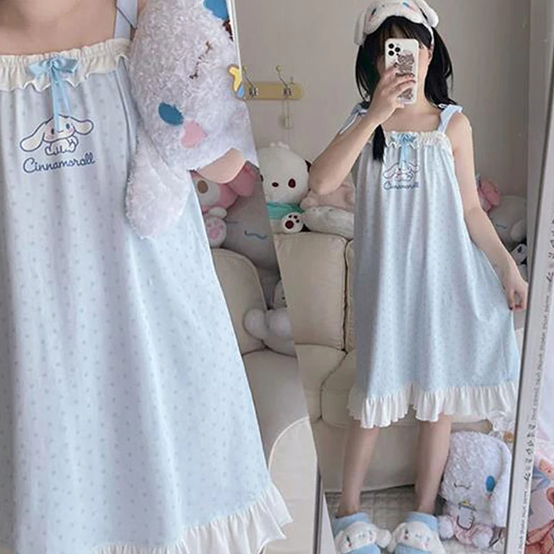 

Anime Sanrios My Melody Cinnamoroll Kawaii Sweet Sling Dress Pajamas Cute Cartoon Polka Dot Printed Nightdress Girl Home Clothes