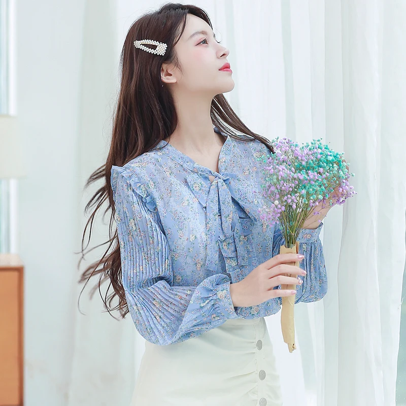 

French Fashion Lady Bandage Floral Fold Chiffon Shirts Blouses Women Tops Female Woman Button Up Shirt Girls Long Sleeve Blouse