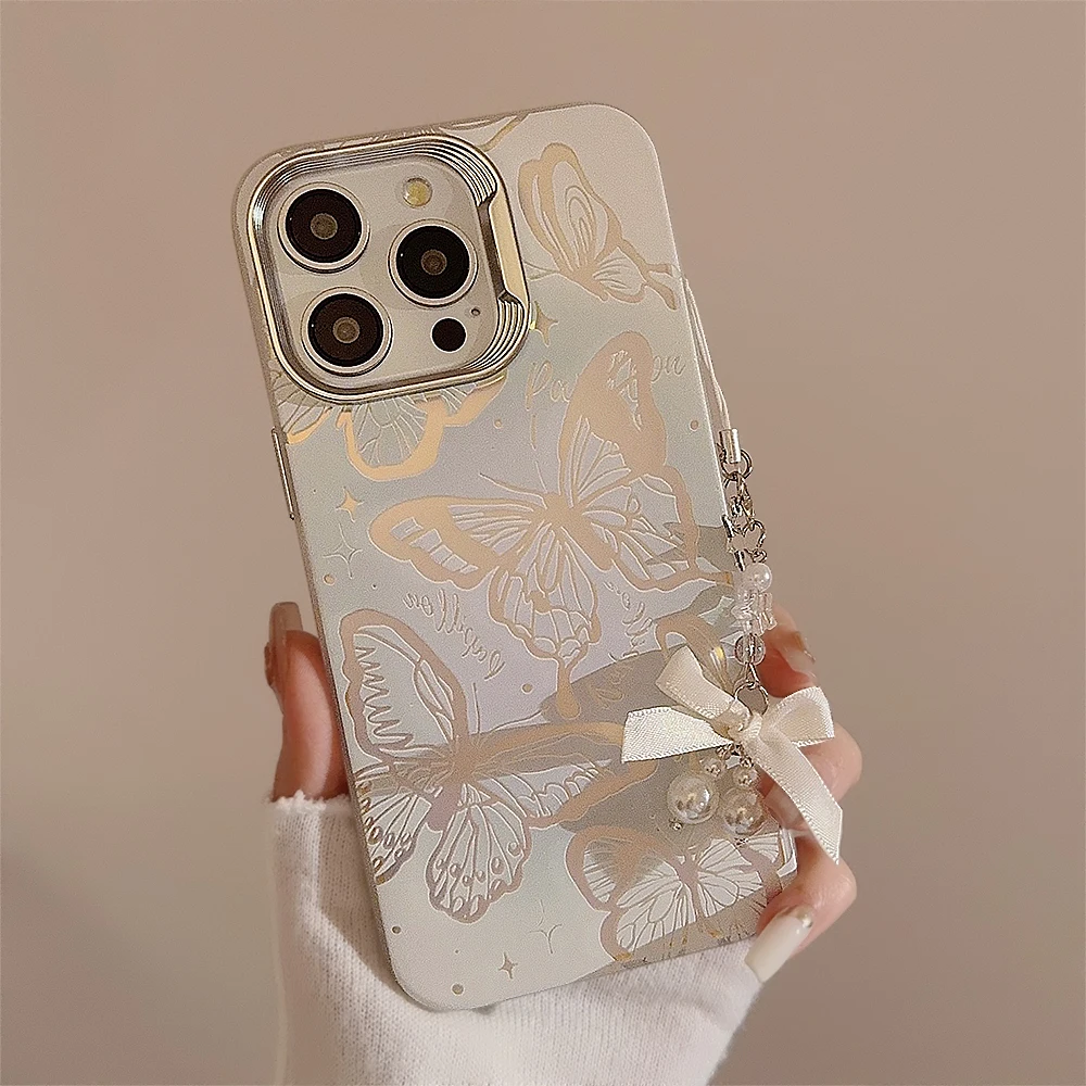 Ins Hollow Out Butterfly Star Bow Ribbon Beads Bracelet Case for iPhone 15 14 13 Pro Max 12 Pro Plus Back Cover image 2