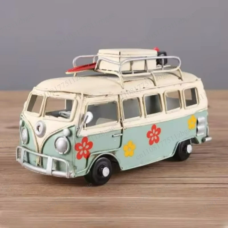 1pc Retro Printed Mini Bus Alloy Model Styling Van Decor Vehicle  Collectible Ornament